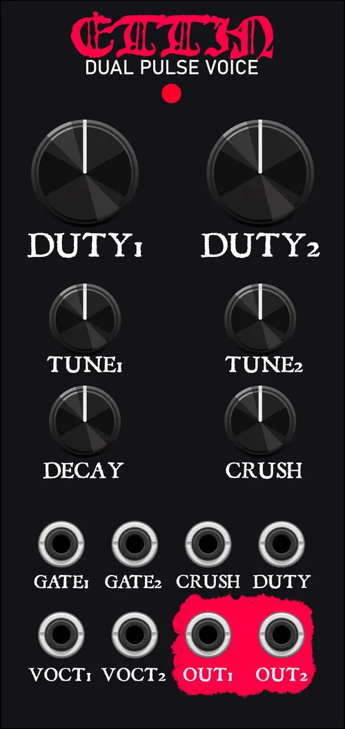 Ettin Dual Pulse Voice front panel: two duty buttons, two tune knobs, decay and crush, and eight jacks.